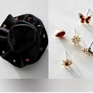 Free People Black Rosette Stud Earrings Set Pack Brooch Pin Bohemian NWT